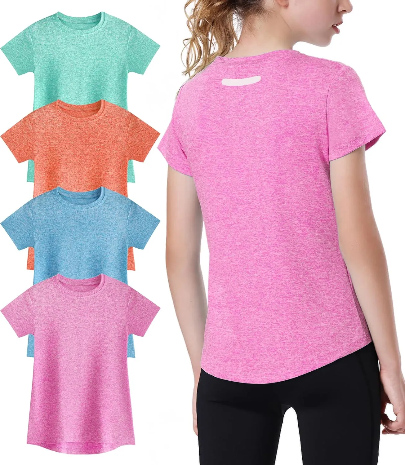 EXARUS 4 Pack Girls Athletic Shirts Quick Dry Short Sleeve Tshirts Crewneck Tee Workout Activewear Tops for Kids 8-16Y