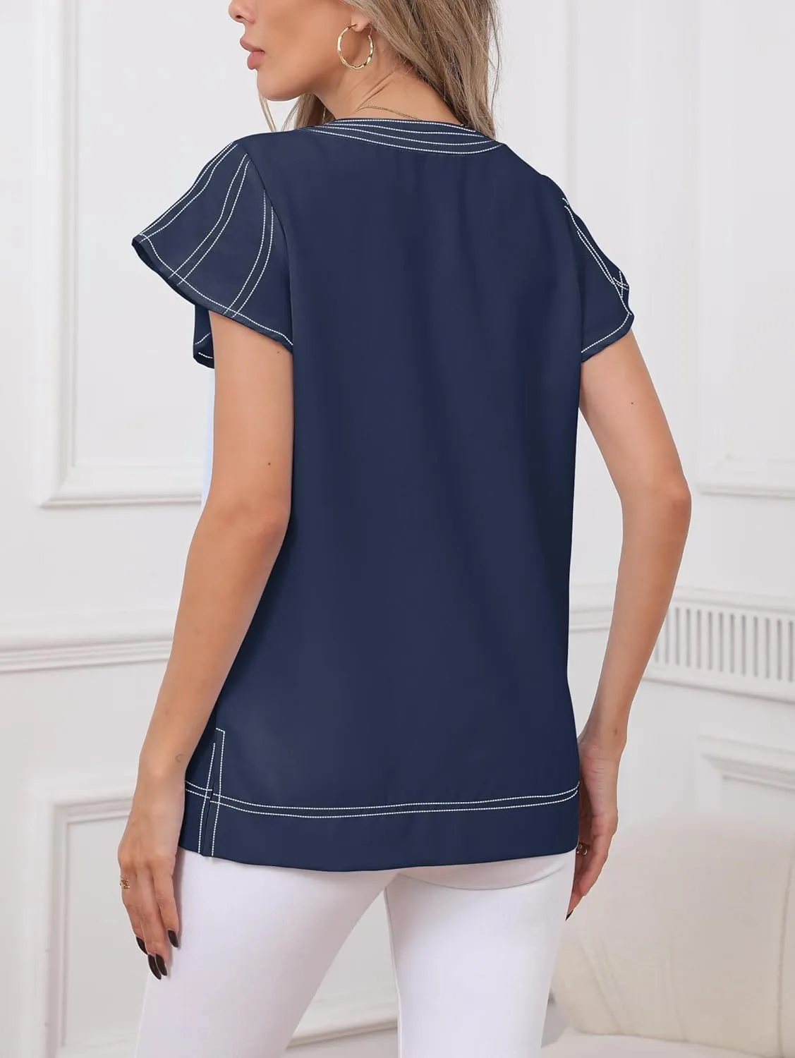 Famulily Womens Cute Flutter Cap Sleeve Notched V Neck Blouse Top Contrast Color Stitched Line Side Split Hem Tee Shirt