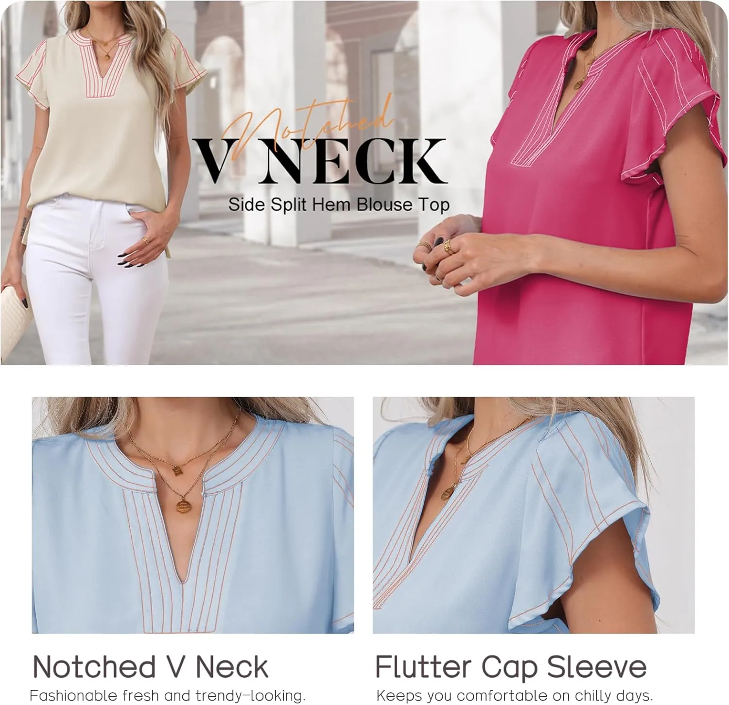 Famulily Womens Cute Flutter Cap Sleeve Notched V Neck Blouse Top Contrast Color Stitched Line Side Split Hem Tee Shirt