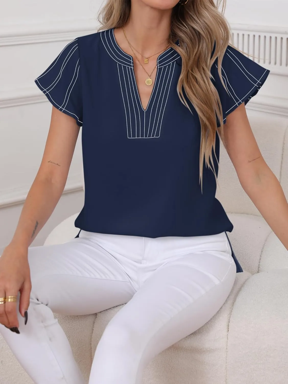 Famulily Womens Cute Flutter Cap Sleeve Notched V Neck Blouse Top Contrast Color Stitched Line Side Split Hem Tee Shirt