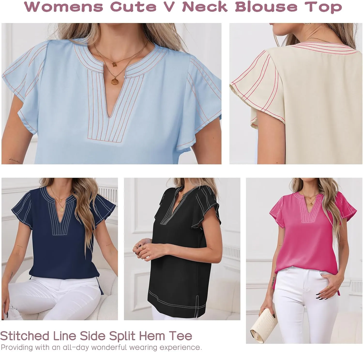 Famulily Womens Cute Flutter Cap Sleeve Notched V Neck Blouse Top Contrast Color Stitched Line Side Split Hem Tee Shirt