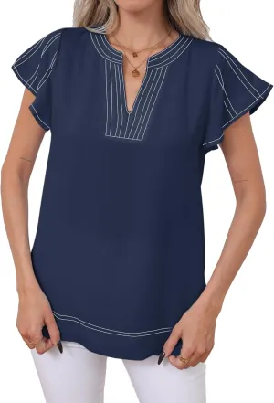 Famulily Womens Cute Flutter Cap Sleeve Notched V Neck Blouse Top Contrast Color Stitched Line Side Split Hem Tee Shirt