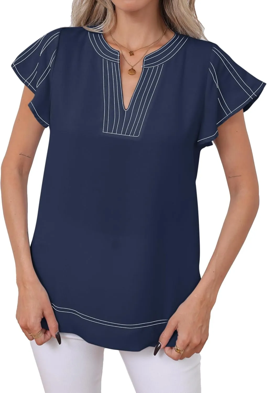 Famulily Womens Cute Flutter Cap Sleeve Notched V Neck Blouse Top Contrast Color Stitched Line Side Split Hem Tee Shirt
