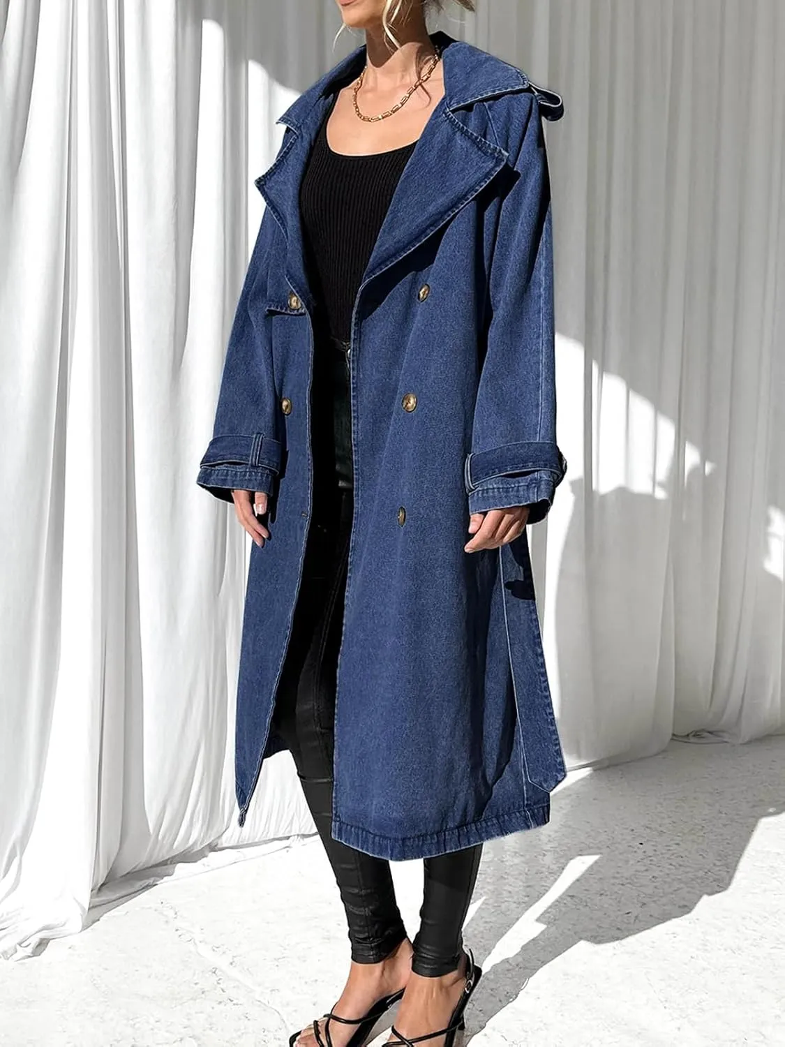 Fazortev Women's Long Double Breasted Denim Jacket Oversized Button Down Maxi Jean Coat Classic Lapel Outercoat
