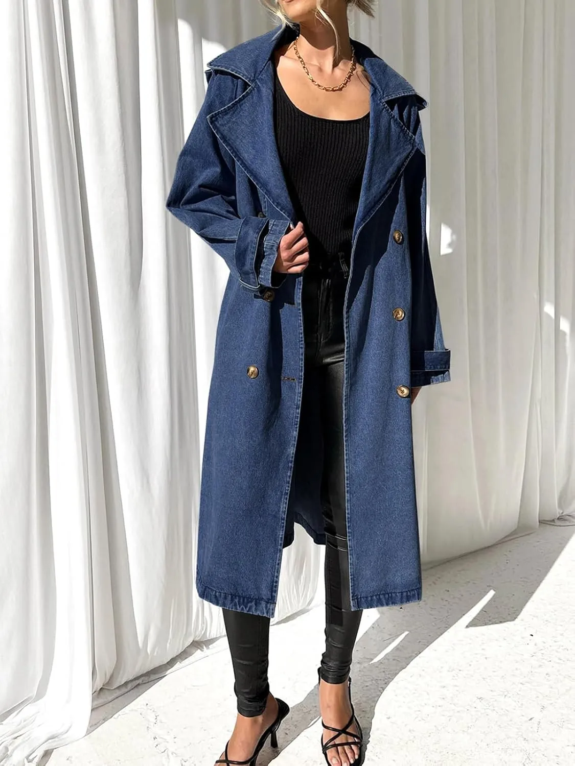 Fazortev Women's Long Double Breasted Denim Jacket Oversized Button Down Maxi Jean Coat Classic Lapel Outercoat