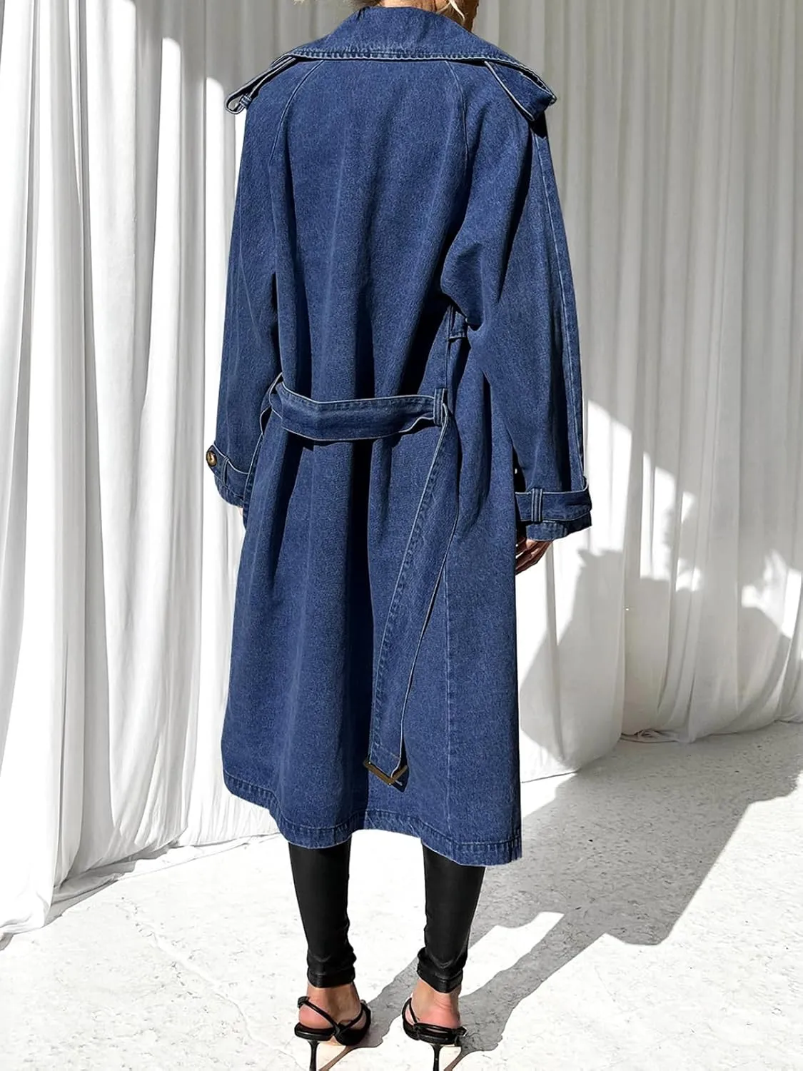 Fazortev Women's Long Double Breasted Denim Jacket Oversized Button Down Maxi Jean Coat Classic Lapel Outercoat