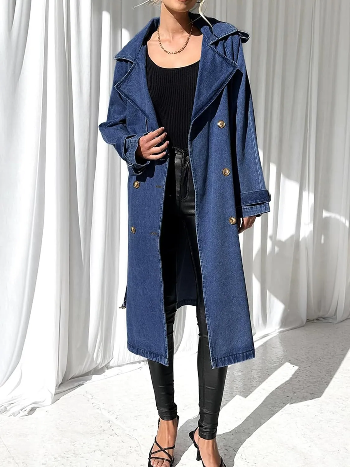 Fazortev Women's Long Double Breasted Denim Jacket Oversized Button Down Maxi Jean Coat Classic Lapel Outercoat