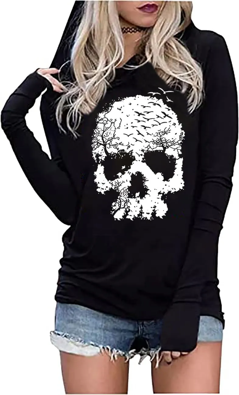 FCHICH Skull Hoodie Tshirt Women Vintage Gothic Graphic Tees Halloween Hoodies Casual Fall Long Sleeve Pullover Tops