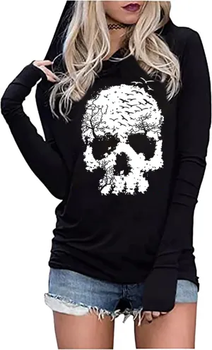 FCHICH Skull Hoodie Tshirt Women Vintage Gothic Graphic Tees Halloween Hoodies Casual Fall Long Sleeve Pullover Tops
