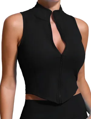 FEOYA Curve Hem Golf Tank Top for Women Sleeveless Full Zip Up Yoga Workout Vest Slim Fit Nylon Tennis Shirt 2025