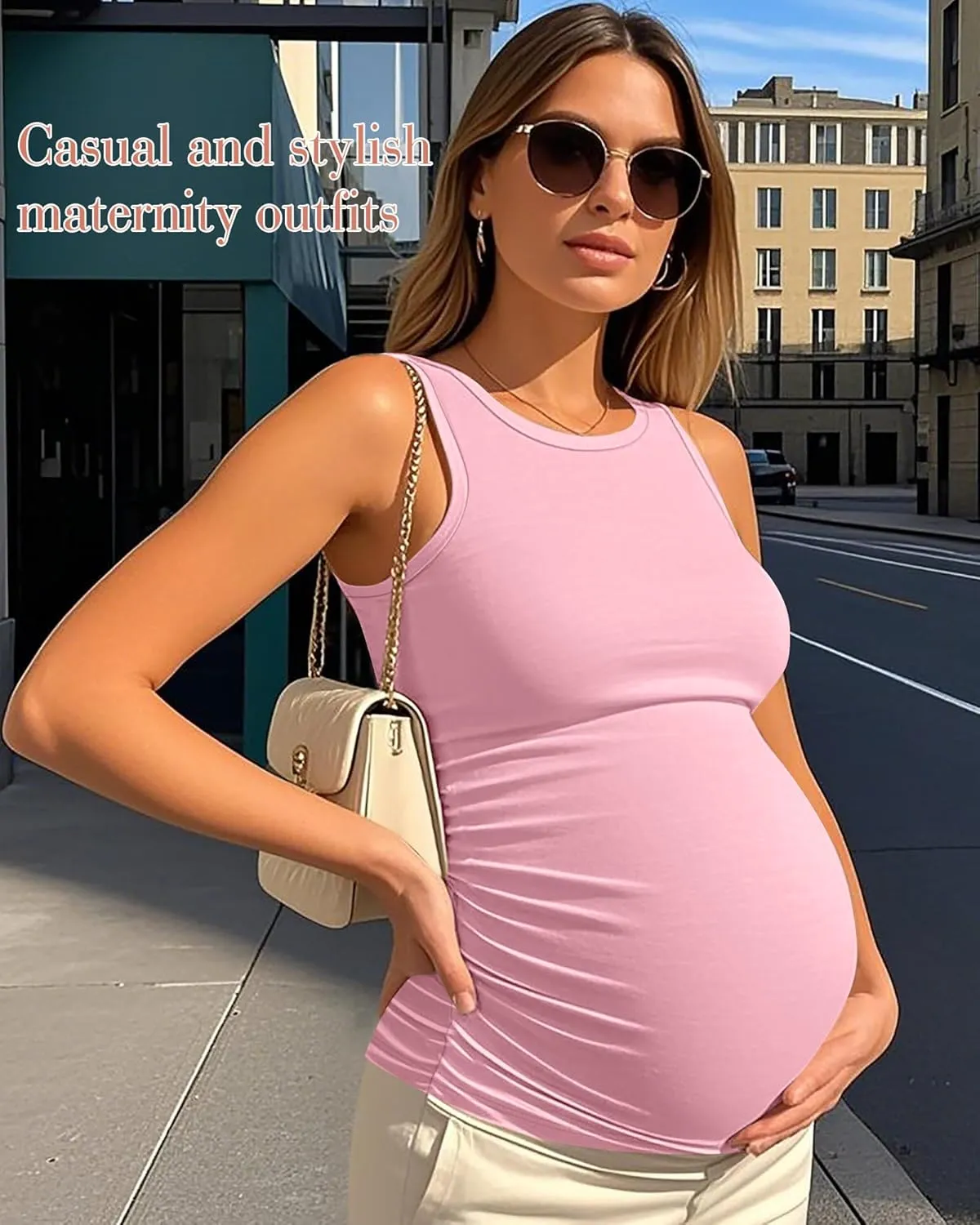 Ficerd 4 Pack Women's Maternity Tank Tops, Side Ruched Sleeveless Pregnancy Shirts Summer Comfy Round Neck Maternity Vest Tee