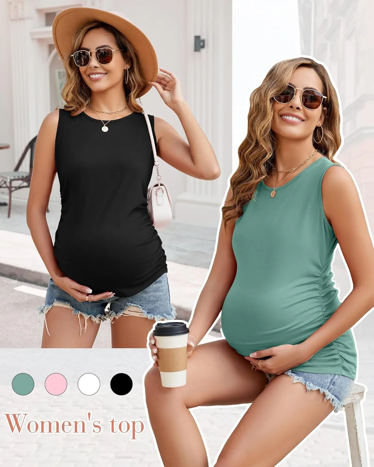 Ficerd 4 Pack Women's Maternity Tank Tops, Side Ruched Sleeveless Pregnancy Shirts Summer Comfy Round Neck Maternity Vest Tee