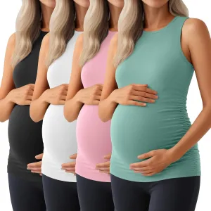 Ficerd 4 Pack Women's Maternity Tank Tops, Side Ruched Sleeveless Pregnancy Shirts Summer Comfy Round Neck Maternity Vest Tee