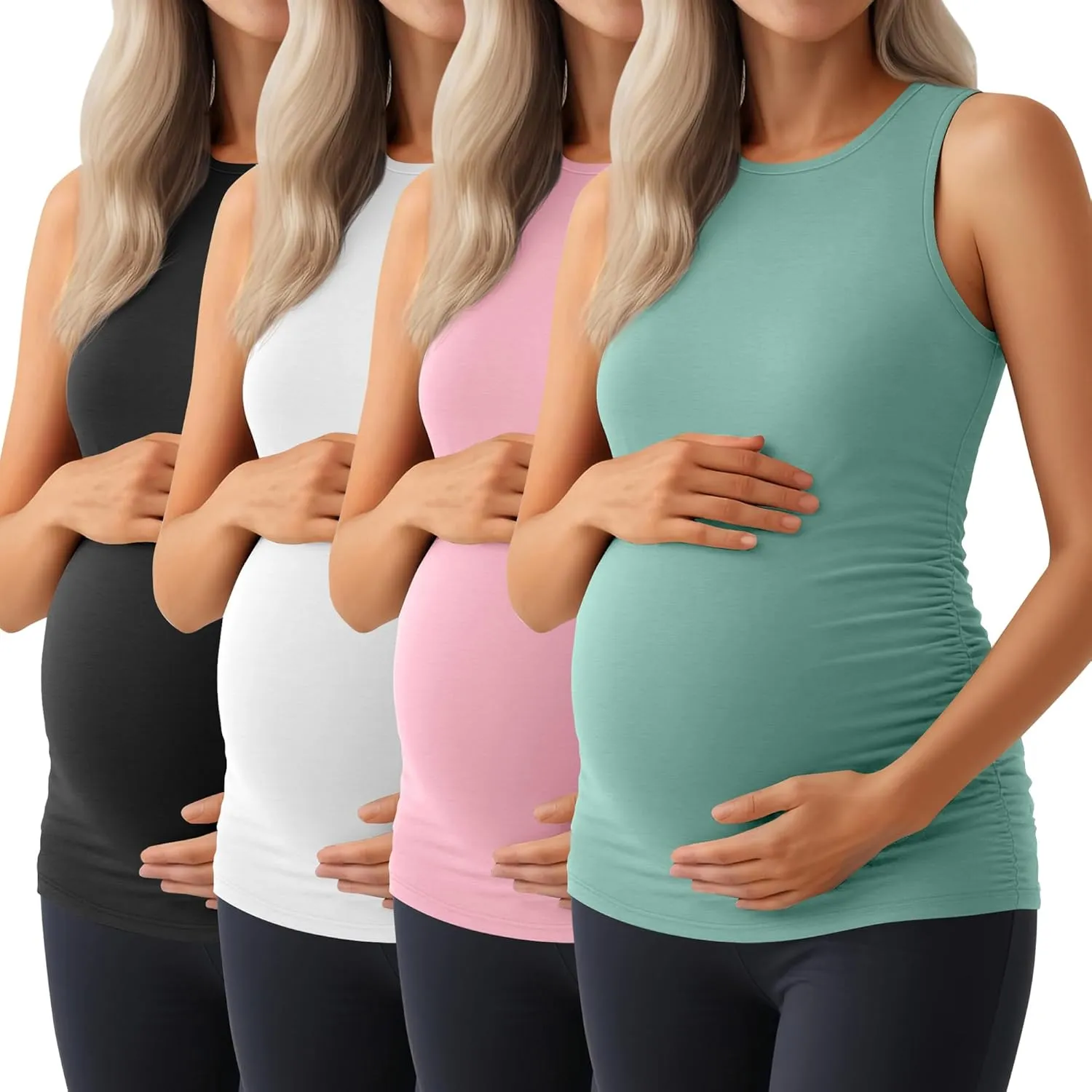 Ficerd 4 Pack Women's Maternity Tank Tops, Side Ruched Sleeveless Pregnancy Shirts Summer Comfy Round Neck Maternity Vest Tee