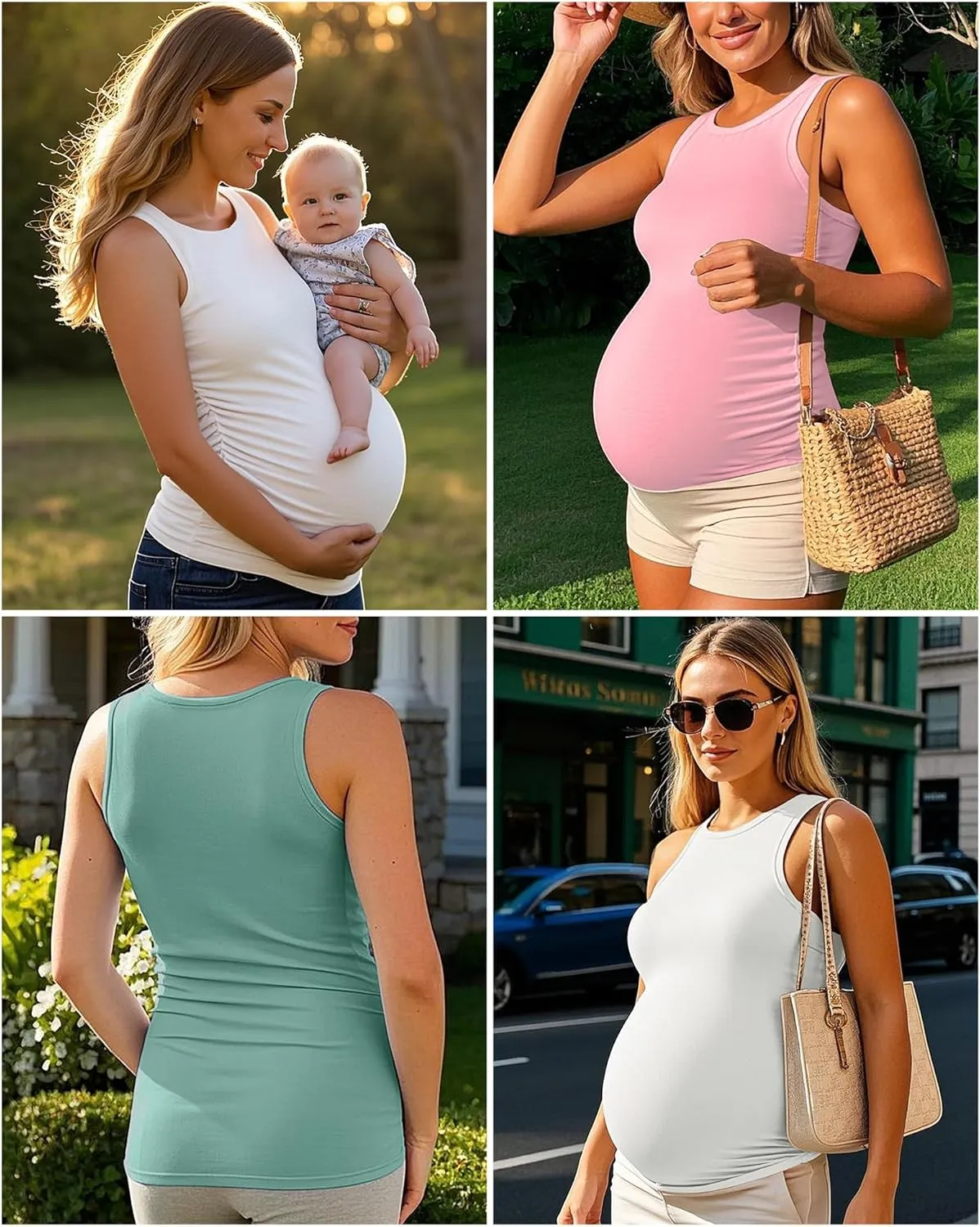 Ficerd 4 Pack Women's Maternity Tank Tops, Side Ruched Sleeveless Pregnancy Shirts Summer Comfy Round Neck Maternity Vest Tee