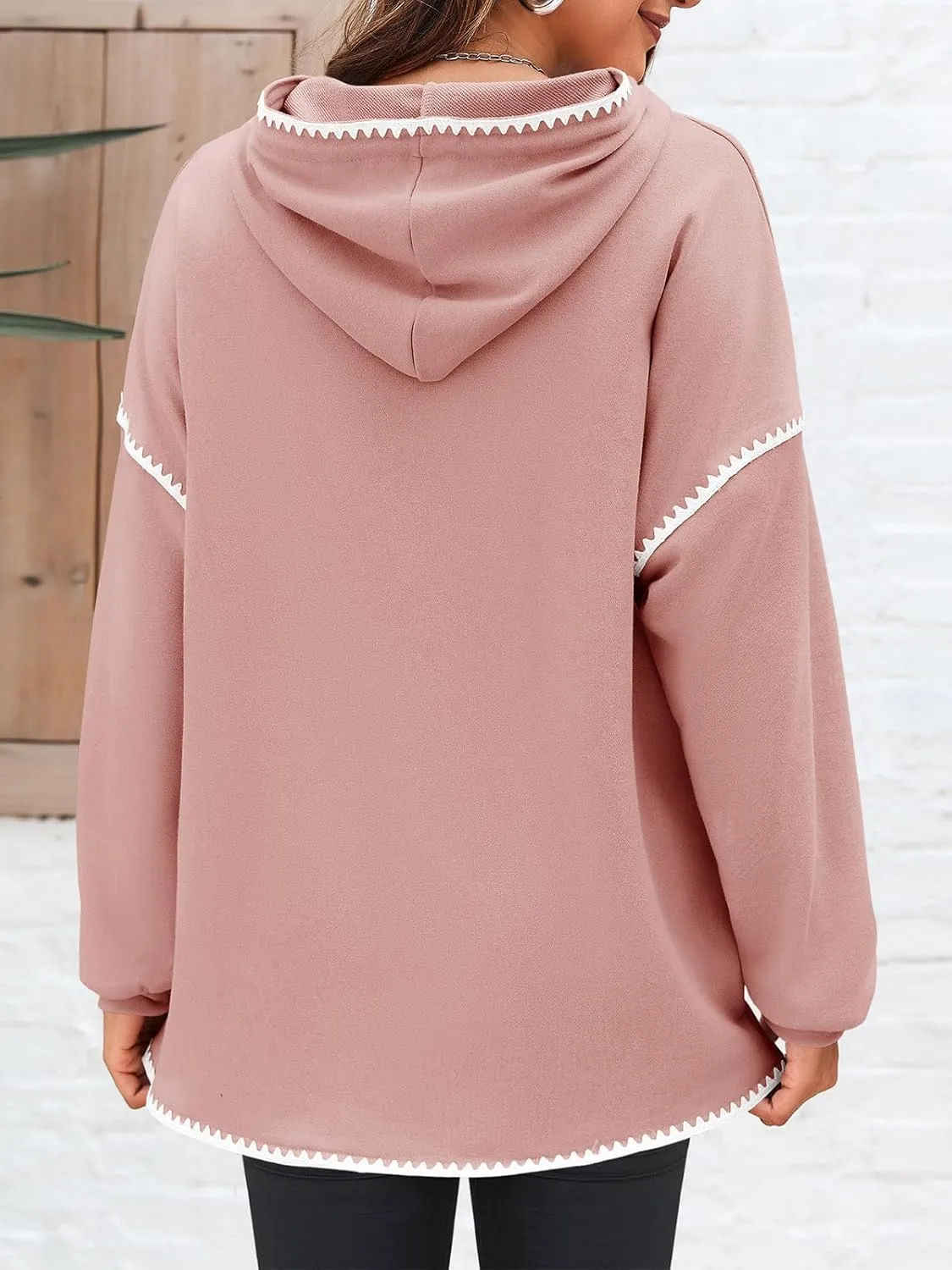 Fisoew Womens Oversized Long Sleeve Hoodies Casual Drawstring Contrast Color Sweatshirts Fall Pullovers