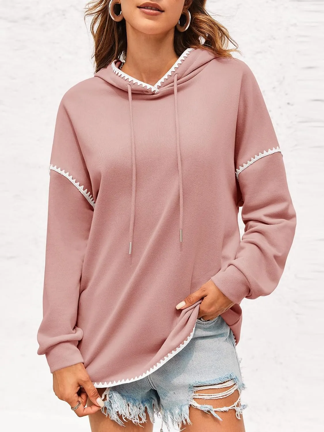 Fisoew Womens Oversized Long Sleeve Hoodies Casual Drawstring Contrast Color Sweatshirts Fall Pullovers