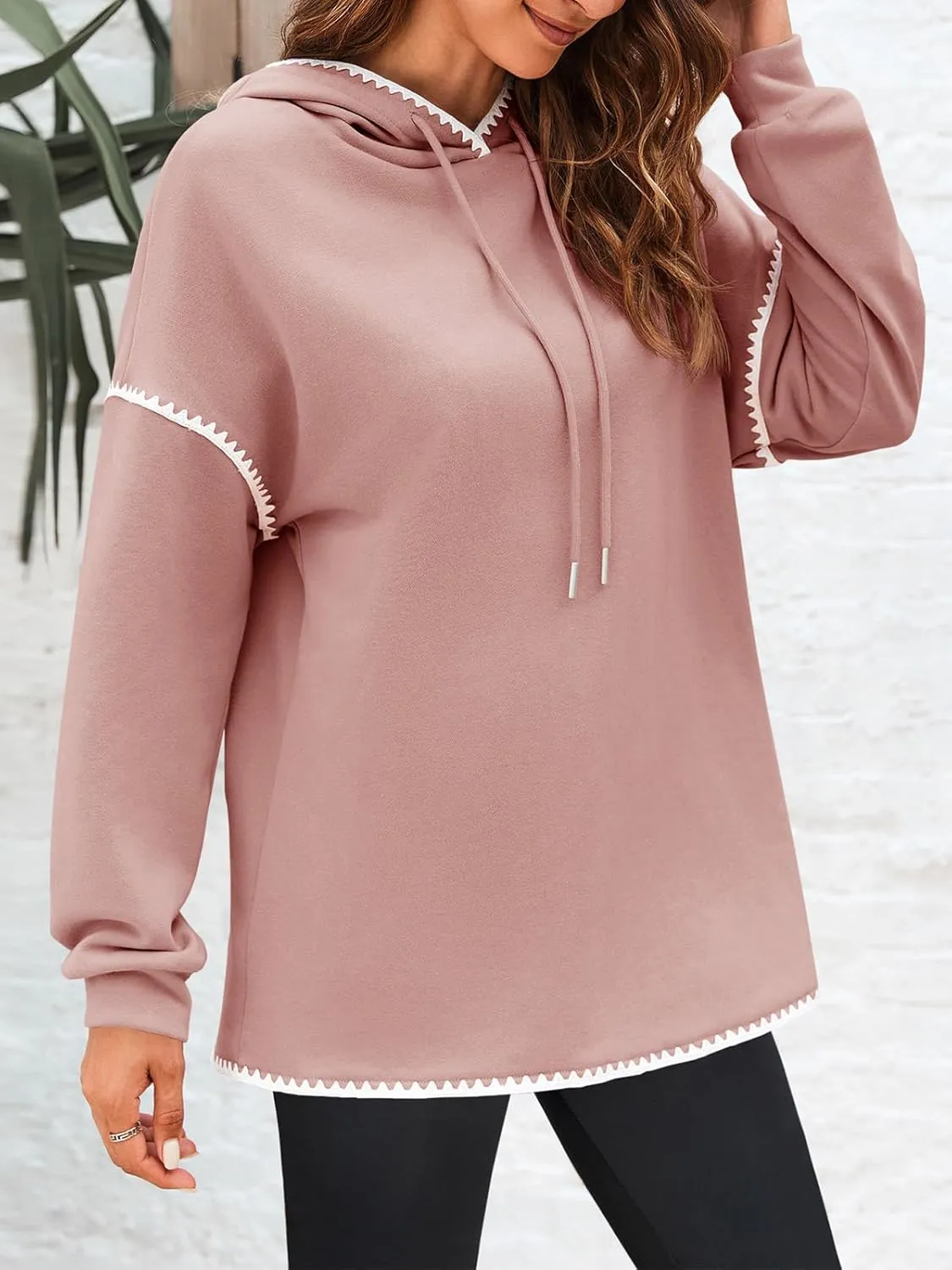 Fisoew Womens Oversized Long Sleeve Hoodies Casual Drawstring Contrast Color Sweatshirts Fall Pullovers
