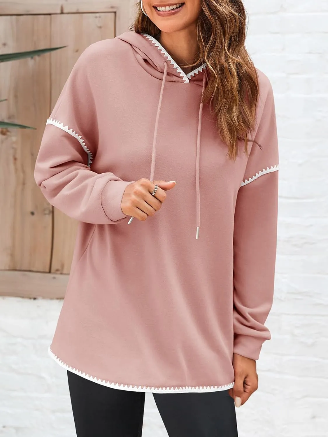 Fisoew Womens Oversized Long Sleeve Hoodies Casual Drawstring Contrast Color Sweatshirts Fall Pullovers