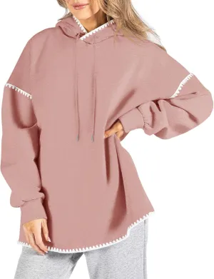 Fisoew Womens Oversized Long Sleeve Hoodies Casual Drawstring Contrast Color Sweatshirts Fall Pullovers