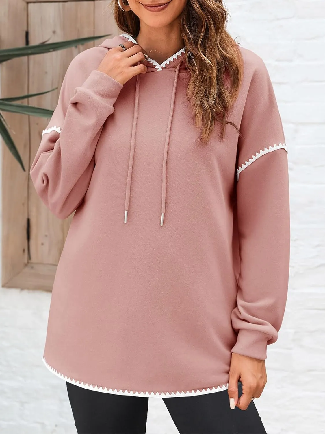 Fisoew Womens Oversized Long Sleeve Hoodies Casual Drawstring Contrast Color Sweatshirts Fall Pullovers