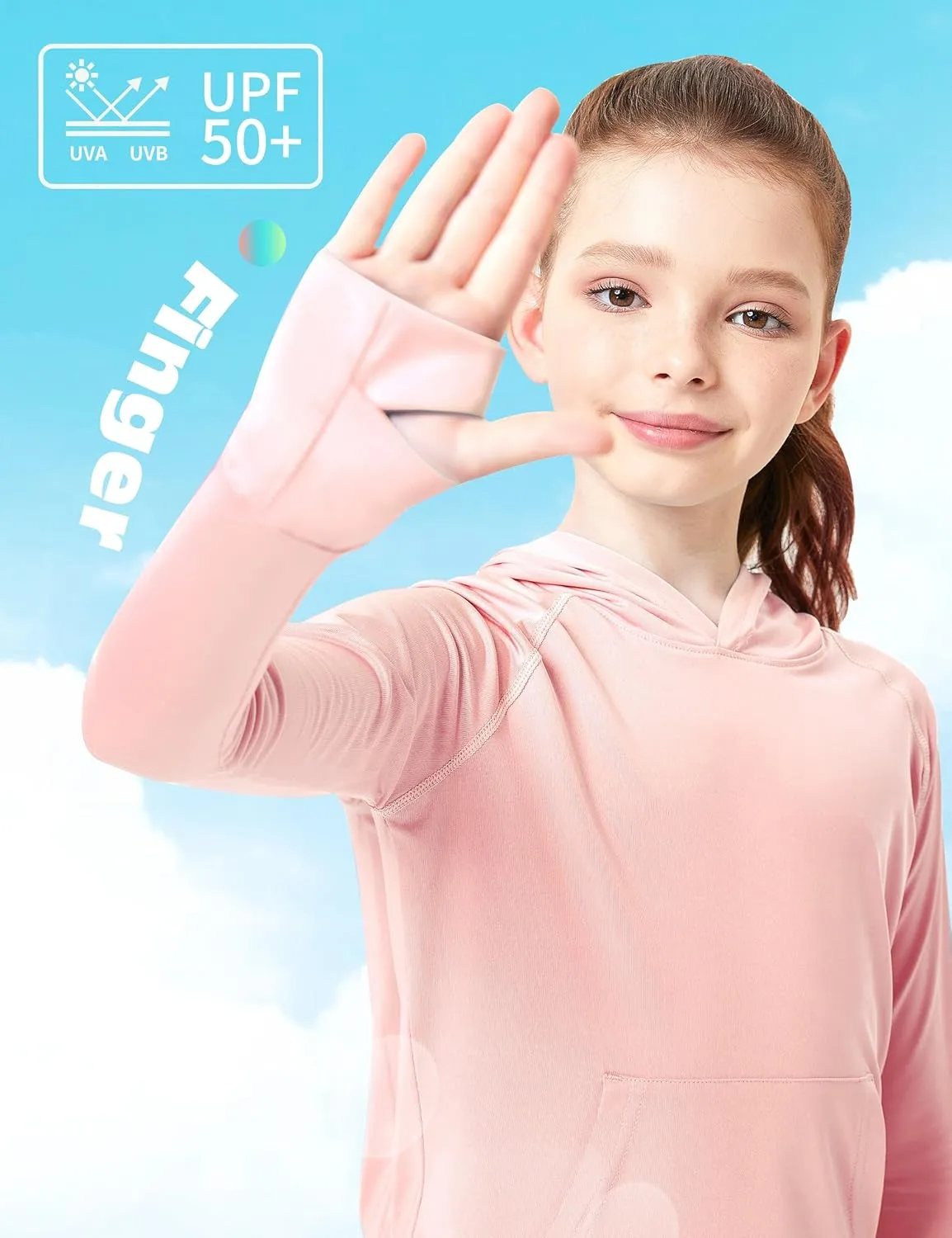 FitsT4 Sports Kids UPF50  Sun Shirt with Pockets Thumbholes Girls Lightweight Quick Dry UV Protection Long Sleeve Hoodie