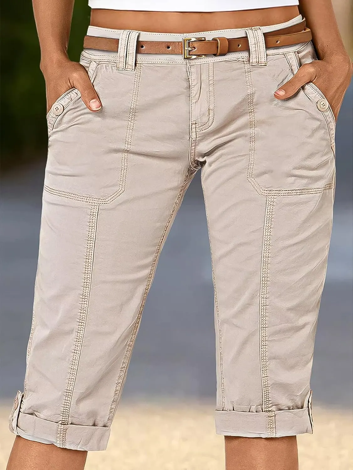 Flamingals Bermuda Shorts for Women Low Rise Roll Tab Hem Skinny Long Cargo Shorts Summer Casual Without Belt