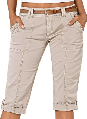 Flamingals Bermuda Shorts for Women Low Rise Roll Tab Hem Skinny Long Cargo Shorts Summer Casual Without Belt