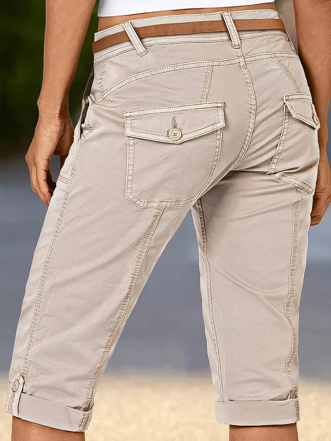 Flamingals Bermuda Shorts for Women Low Rise Roll Tab Hem Skinny Long Cargo Shorts Summer Casual Without Belt