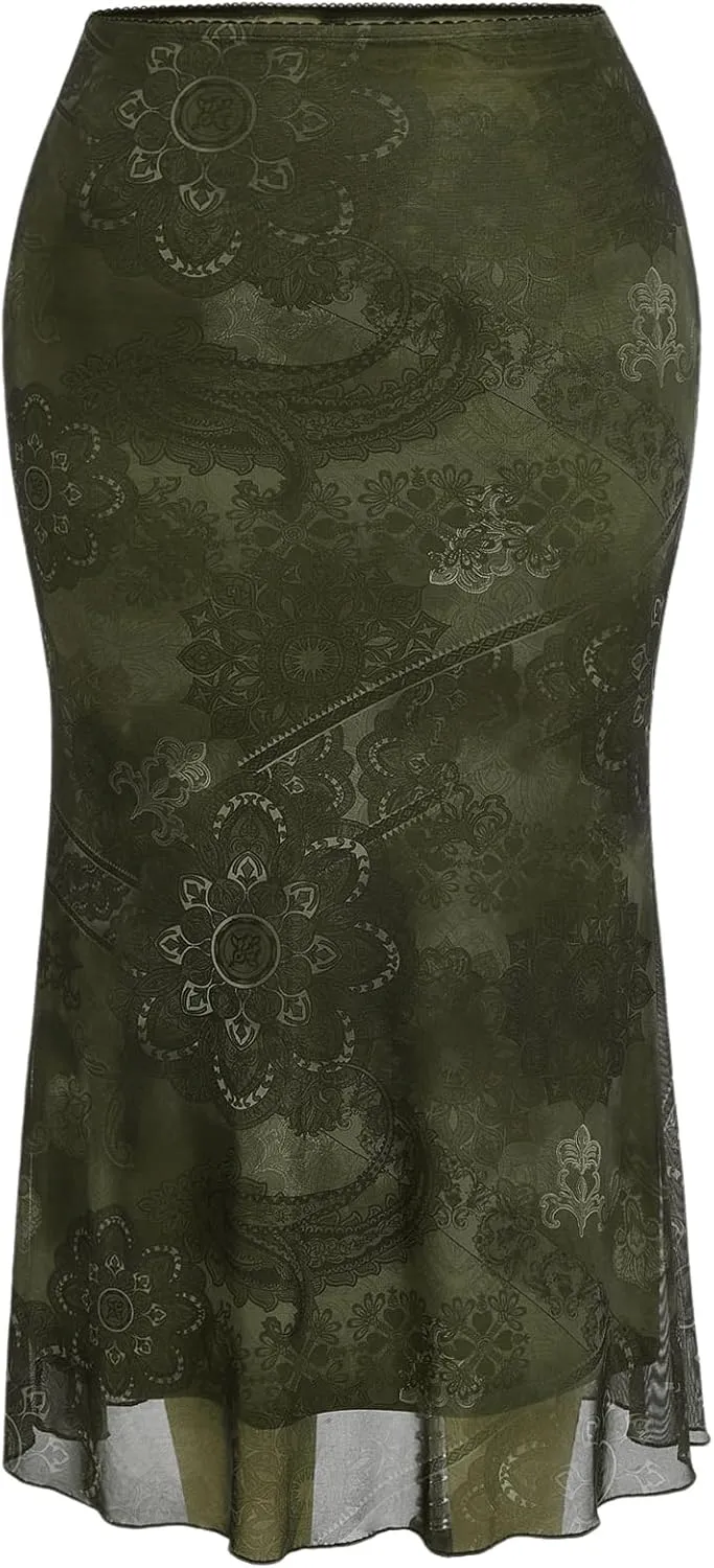 Floerns Women's Plus Size Paisley High Waisted Pencil Skirt Y2k Fishtail Hem Long Skirts