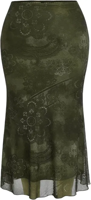 Floerns Women's Plus Size Paisley High Waisted Pencil Skirt Y2k Fishtail Hem Long Skirts