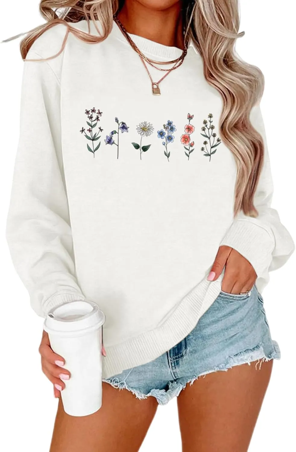 Flower Graphic Sweatshirt for Women Floral Printed Vintage Long Sleeves Shirt Crewneck Hoodie Loose Pullovers Tops