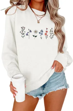 Flower Graphic Sweatshirt for Women Floral Printed Vintage Long Sleeves Shirt Crewneck Hoodie Loose Pullovers Tops