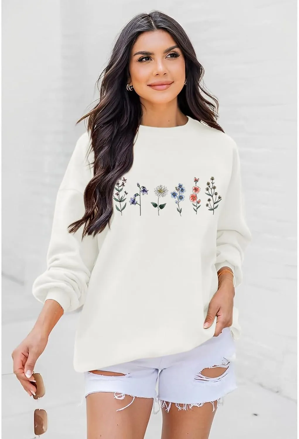 Flower Graphic Sweatshirt for Women Floral Printed Vintage Long Sleeves Shirt Crewneck Hoodie Loose Pullovers Tops