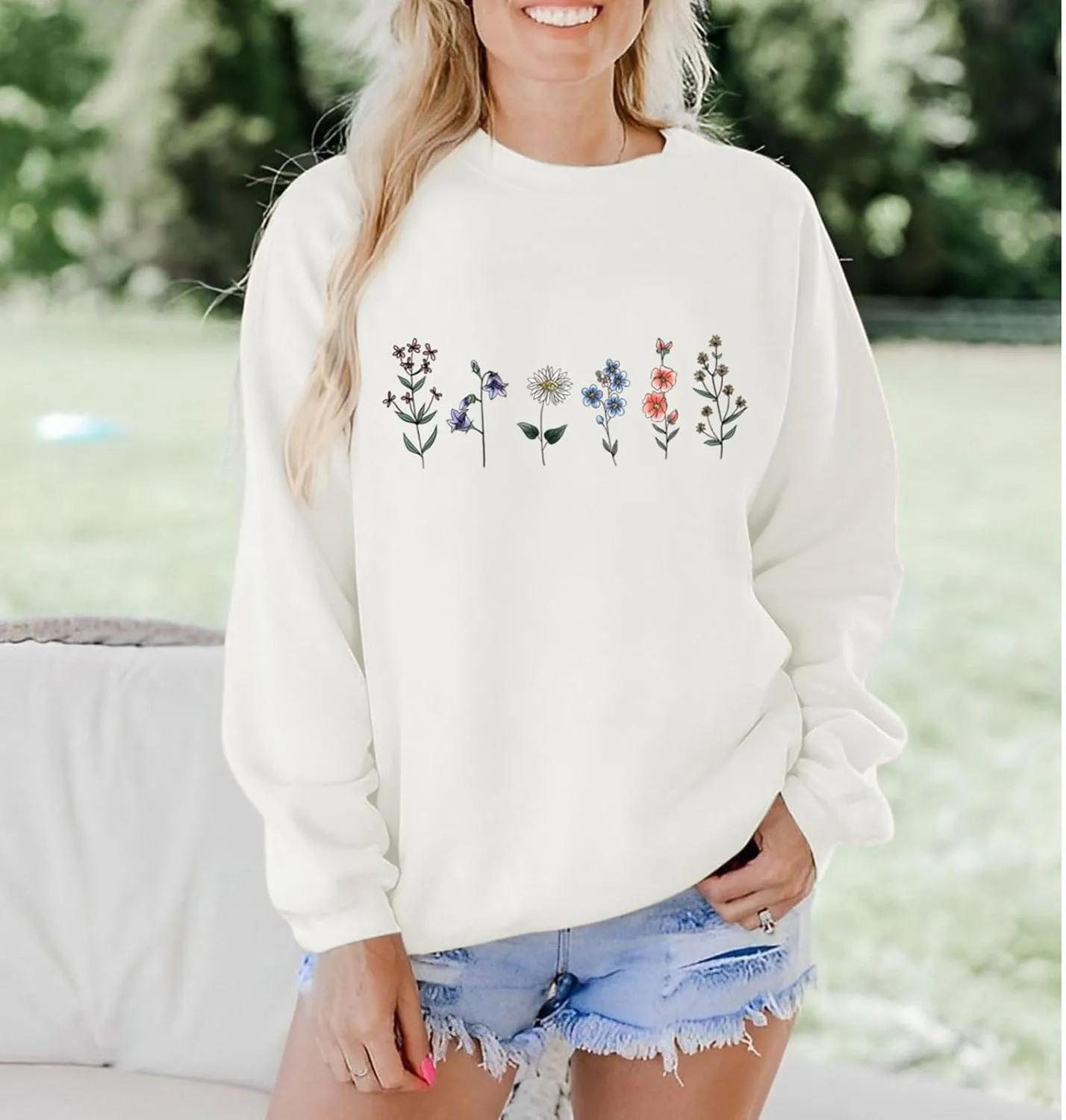 Flower Graphic Sweatshirt for Women Floral Printed Vintage Long Sleeves Shirt Crewneck Hoodie Loose Pullovers Tops