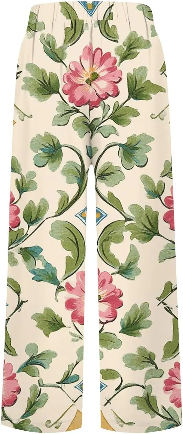 Flowy Pants for Women Boho Summer Linen Pants High Waisted Wide Leg Palazzo Pant Floral Beach Pant with Pockets