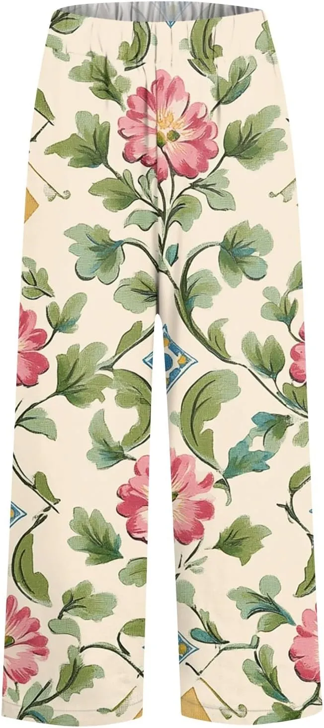 Flowy Pants for Women Boho Summer Linen Pants High Waisted Wide Leg Palazzo Pant Floral Beach Pant with Pockets