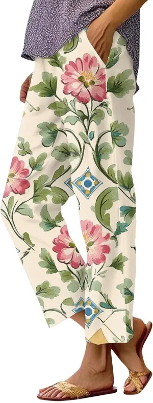 Flowy Pants for Women Boho Summer Linen Pants High Waisted Wide Leg Palazzo Pant Floral Beach Pant with Pockets
