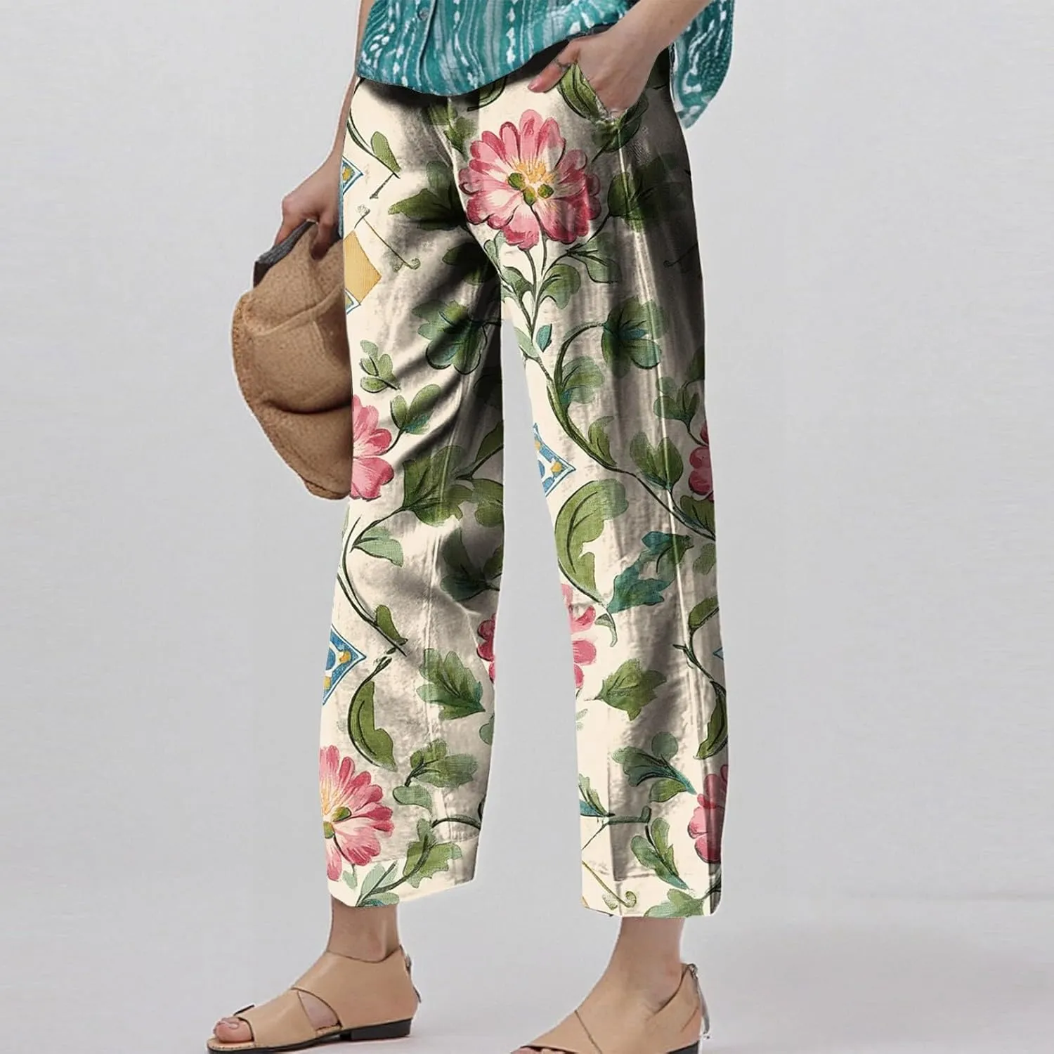 Flowy Pants for Women Boho Summer Linen Pants High Waisted Wide Leg Palazzo Pant Floral Beach Pant with Pockets