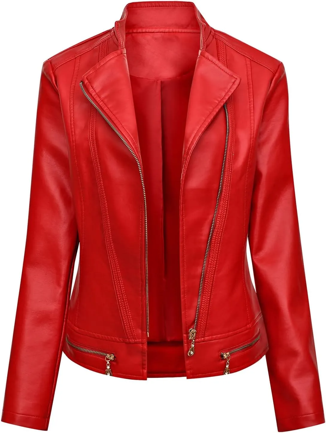 FMCHICO Women's Zipped Notch Collar Moto Biker Jacket Casual Short Coat Outwear