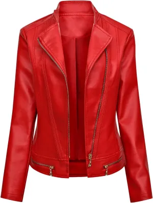 FMCHICO Women's Zipped Notch Collar Moto Biker Jacket Casual Short Coat Outwear