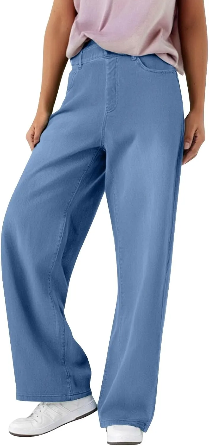 FQZWONG Jeans for Women Trendy Plus Size High Waisted Straight Pants Slim Fit Solid Tummy Control Denim Sweatpants