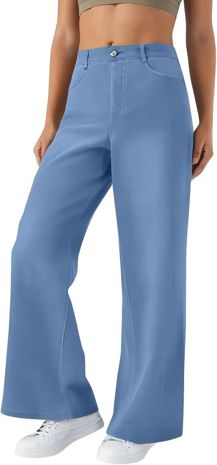 FQZWONG Jeans for Women Trendy Plus Size High Waisted Straight Pants Slim Fit Solid Tummy Control Denim Sweatpants