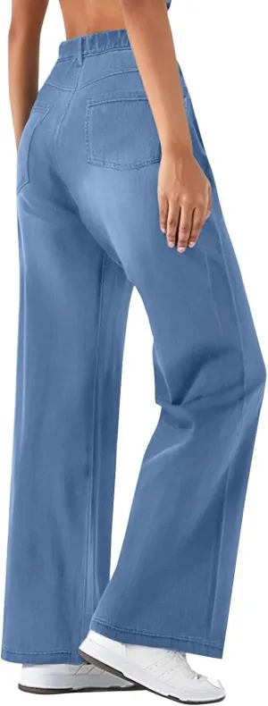 FQZWONG Jeans for Women Trendy Plus Size High Waisted Straight Pants Slim Fit Solid Tummy Control Denim Sweatpants