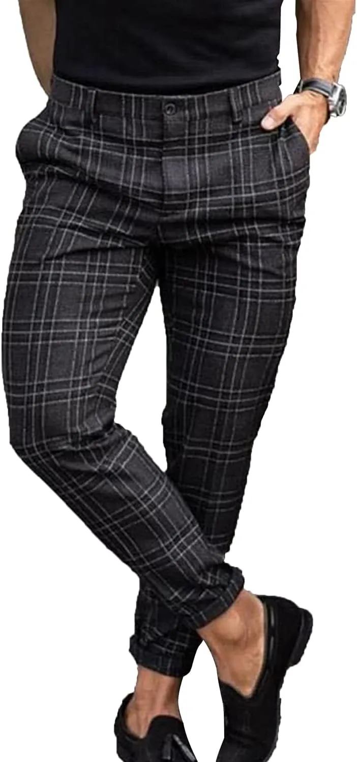 Generic Men's Slim Fit Stretch Plaid Dress Pants with Pockets Checks Pattern Chino Trousers Fashion Casual Elasticity Button Pant (Black,3X-Large)