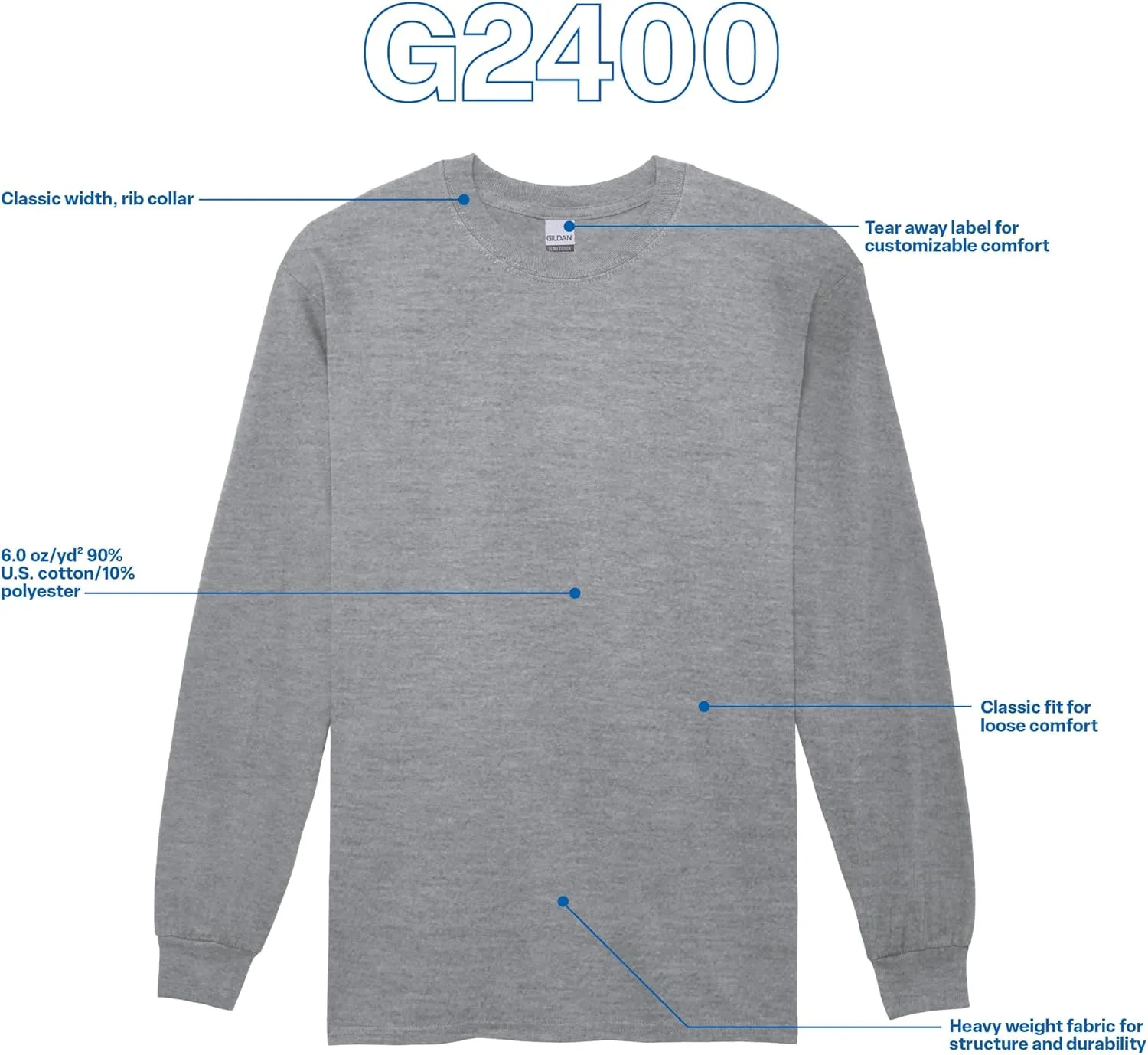 Gildan Unisex Adult Ultra Cotton Long Sleeve T-Shirt, Style G2400, Multipack