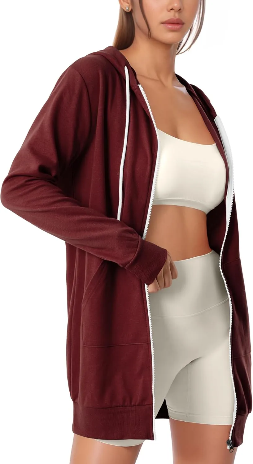 GIVON Womens Zip Up Long Tunic Hoodie Sweatshirt Lightweight Regular Fit Jacket with Pockets