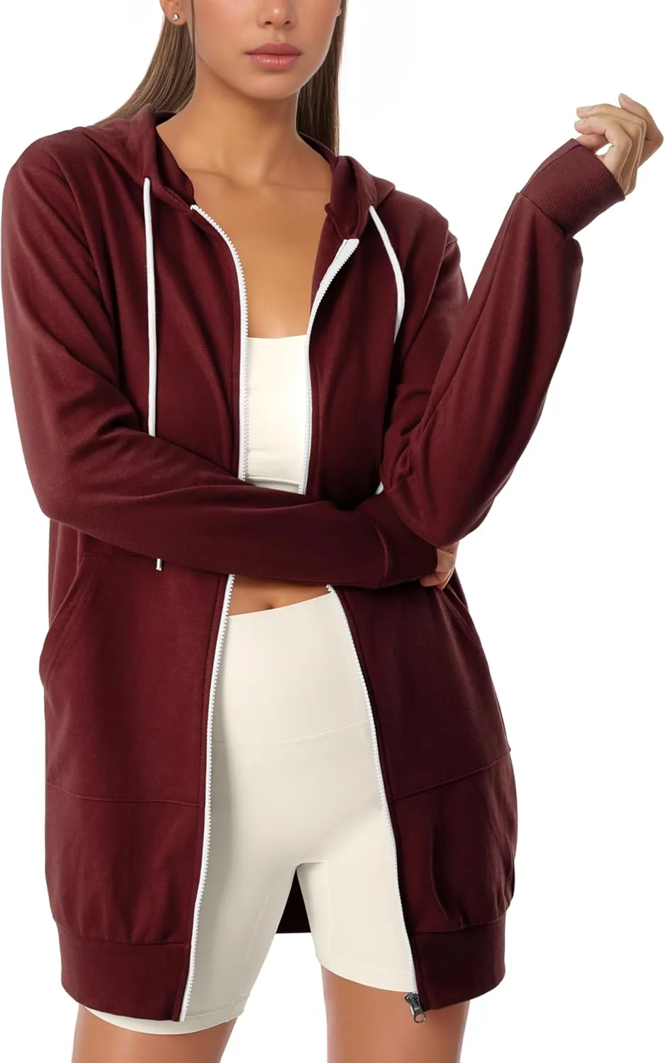 GIVON Womens Zip Up Long Tunic Hoodie Sweatshirt Lightweight Regular Fit Jacket with Pockets
