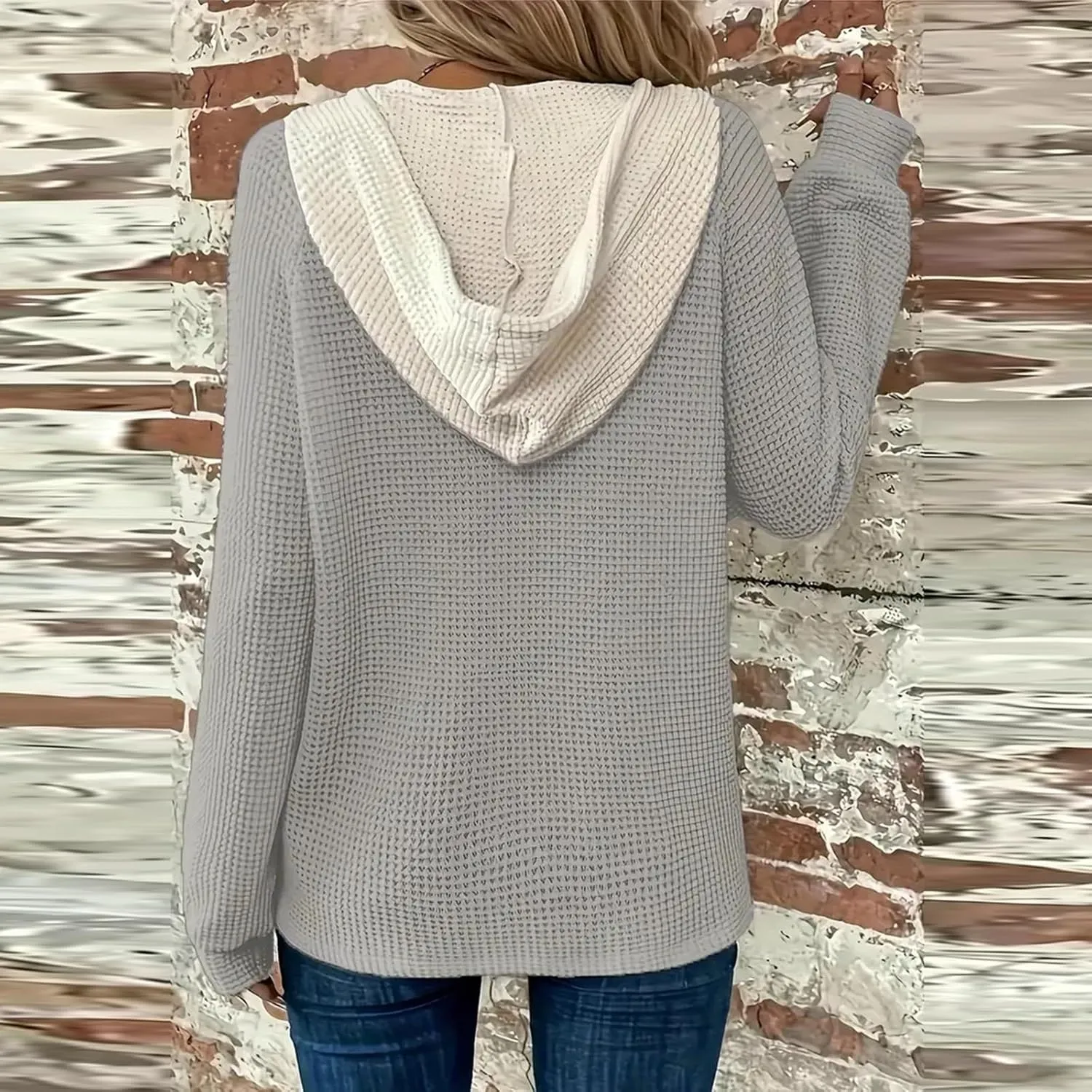 GOFULY Hoodies For Women Trendy Button Henley V-Neck Sweatshirt Waffle Drawstring Hoodie Fall Solid Long Sleeve Pullover