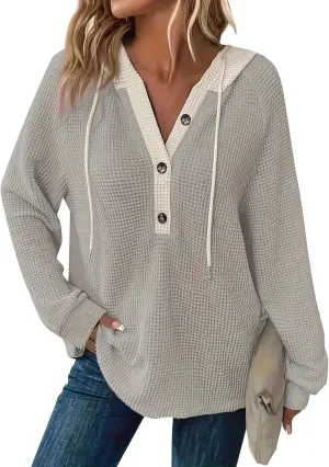 GOFULY Hoodies For Women Trendy Button Henley V-Neck Sweatshirt Waffle Drawstring Hoodie Fall Solid Long Sleeve Pullover